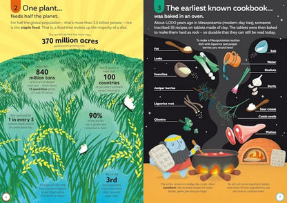 Two infographic panels about rice and an ancient cookbook, with text and illustrations.