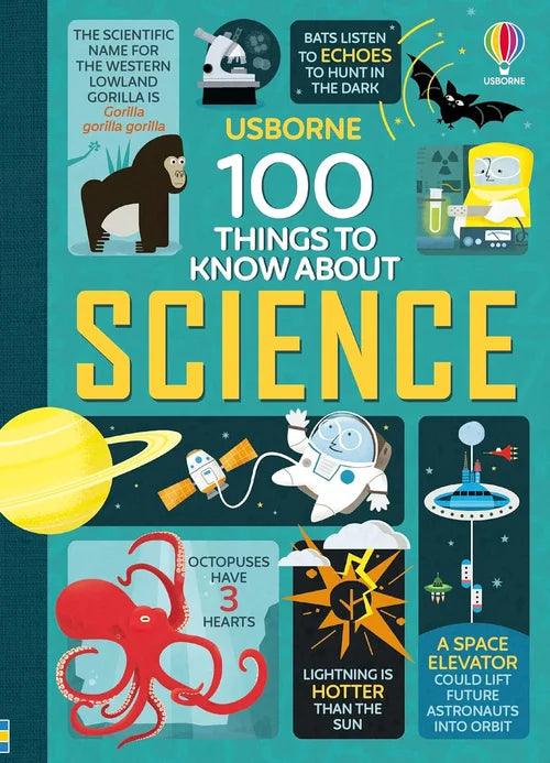 Book cover of '100 Things to Know About Science' with various science-themed illustrations and text.
