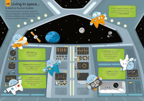 Illustration of a space station interior with astronauts and text about living conditions in space.