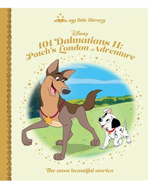 Book cover of '101 Dalmatians II: Patch's London Adventure' with two dogs on a grassy field.