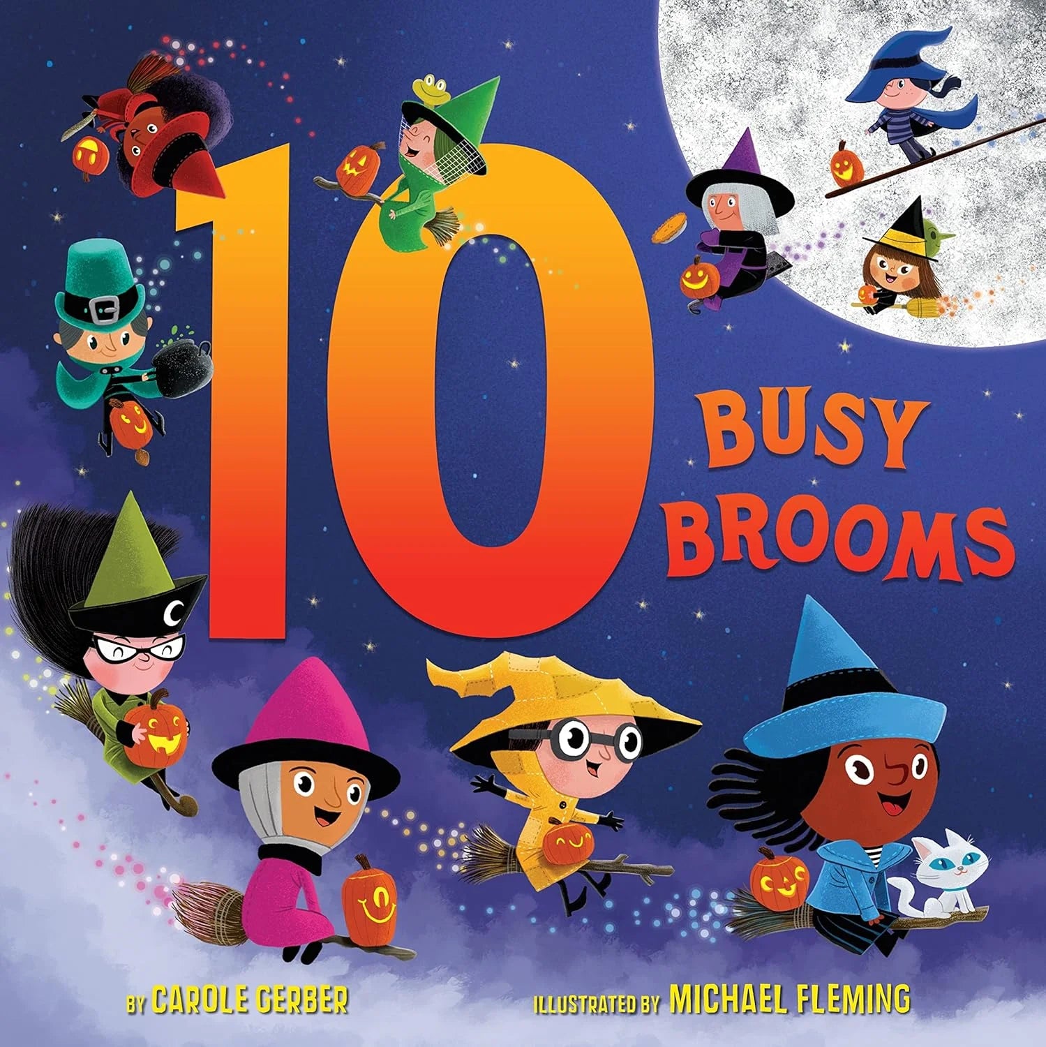 Book cover of '10 Busy Brooms' with colorful illustrations of witches and pumpkins against a night sky.