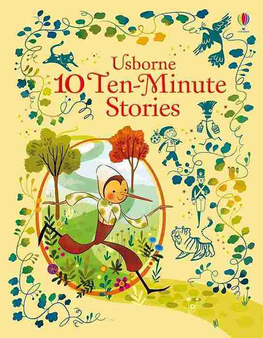 Book cover of '10 Ten-Minute Stories' by Usborne with colorful illustrations on a yellow background.