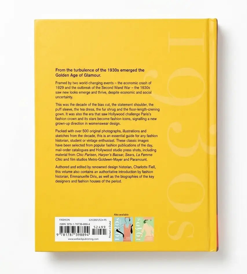 The back cover of a yellow fashion guide book, showing black descriptive text, a barcode, and a small inset photo, photographed against a white background.
