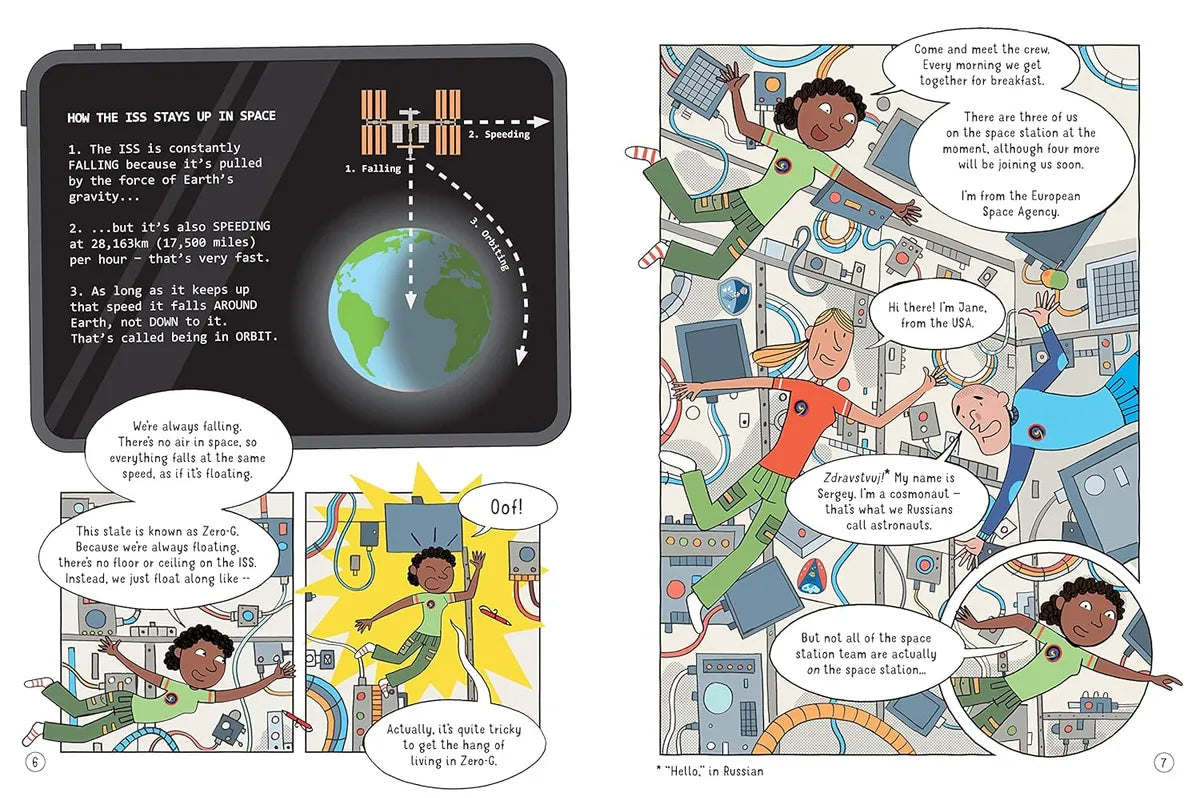 Educational illustration about the ISS staying up in space, with a tablet displaying text and graphics.