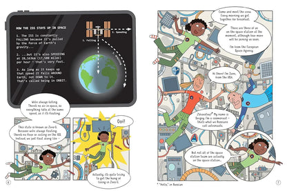 Educational illustration about the ISS staying up in space, with a tablet displaying text and graphics.