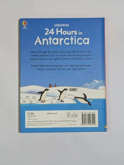 Book cover of '24 Hours in Antarctica' by Usborne on a gray background