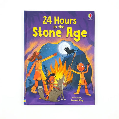 Children's book titled '24 Hours in the Stone Age' by Lauren King, illustrated with a colorful prehistoric scene featuring figures around a campfire under a full moon. Published by Little Beech.