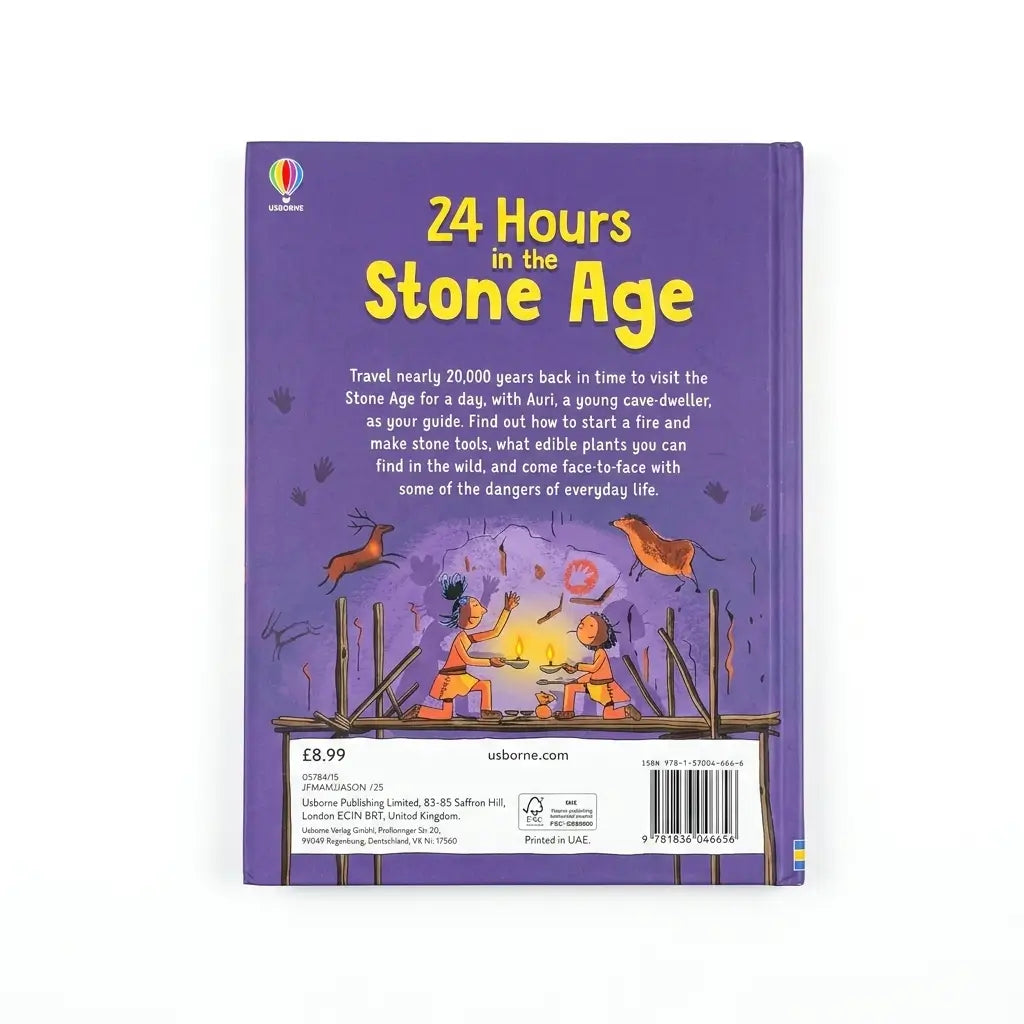 The back cover of the children's book '24 Hours in the Stone Age' by Usborne, featuring a purple background with yellow title text and an illustration of a prehistoric scene with figures and animals.
