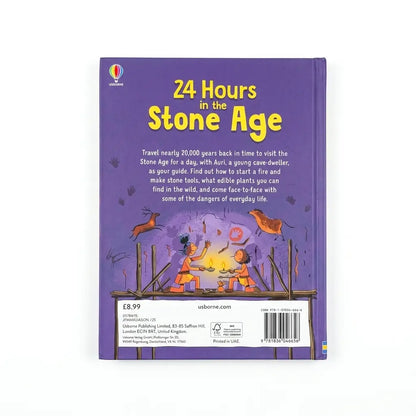 The back cover of the children's book '24 Hours in the Stone Age' by Usborne, featuring a purple background with yellow title text and an illustration of a prehistoric scene with figures and animals.