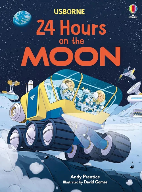 Book cover of '24 Hours on the Moon' with a space vehicle and astronauts on the moon, Usborne logo visible.