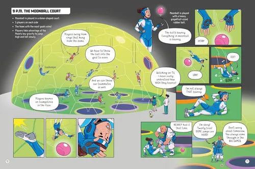 Comic strip of a character playing with a ball on a green court with various actions and dialogue bubbles.