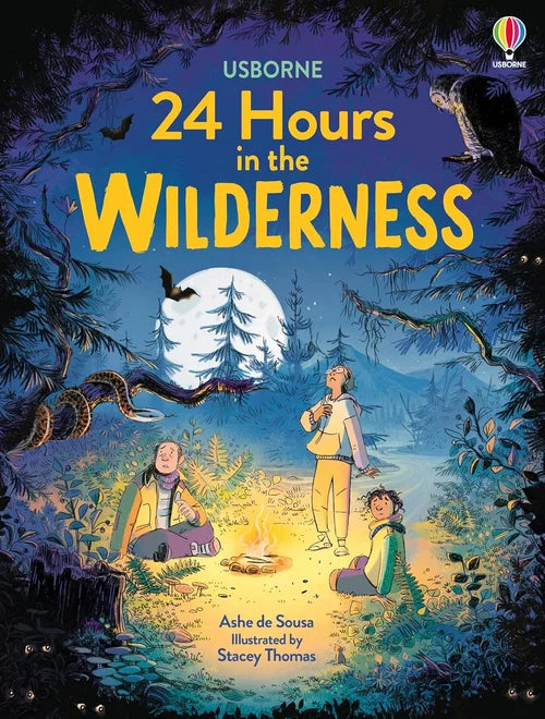 Book cover of '24 Hours in the Wilderness' with illustrations of people in a forest setting.