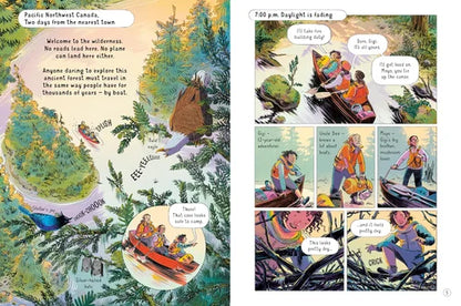 Comic strip with forest scene and characters in a boat, transitioning to a more detailed illustration of the same scene.