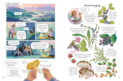 Illustrated book page about forest foraging with text and illustrations of people and nature.