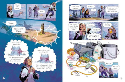 Comic book page with character interactions and objects on a blue background