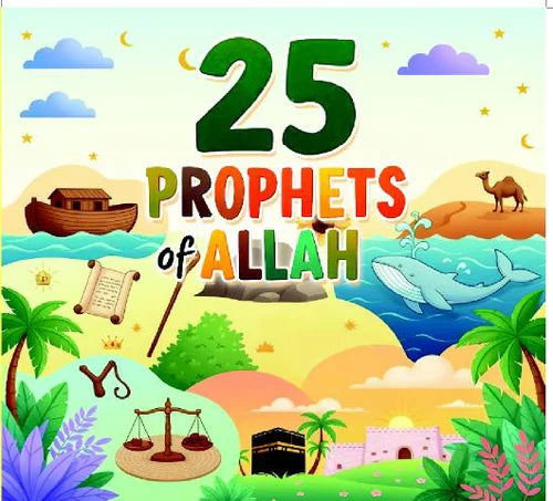Illustrated cover with '25 Prophets of Allah' text and various religious symbols and landscapes.