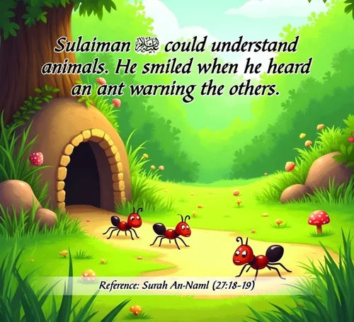 Cartoon ants near a beehive with a moral message about understanding animals.