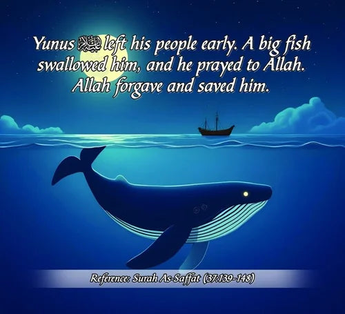 Whale with a ship in the background and text about Yunus and Allah on a blue ocean background.