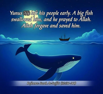 Whale with a ship in the background and text about Yunus and Allah on a blue ocean background.