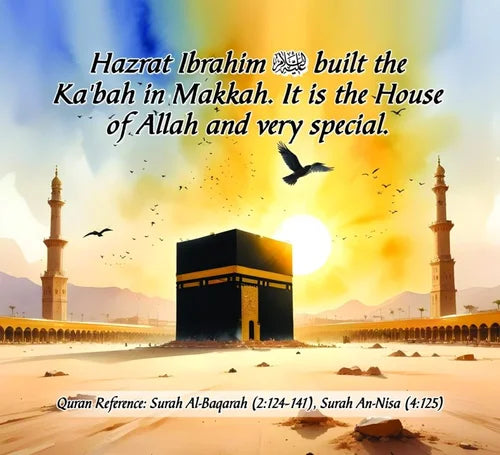 Image of the Ka'bah with text about Hazrat Ibrahim building it, set against a colorful sky.