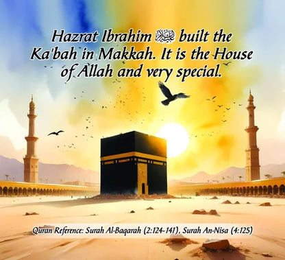 Image of the Ka'bah with text about Hazrat Ibrahim building it, set against a colorful sky.