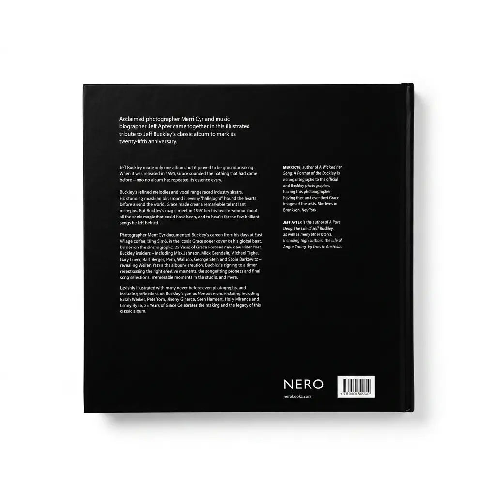 The back cover of a black book or album titled 'NERO' by Jeff Buckley, featuring white text and a barcode on a clean white background.