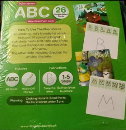 ABC flash card set with letter cards and packaging on a green background