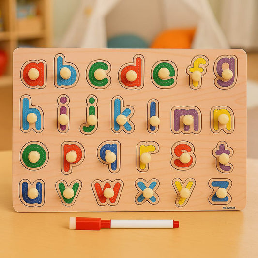Wooden alphabet puzzle with colorful letters and a marker on a wooden surface.