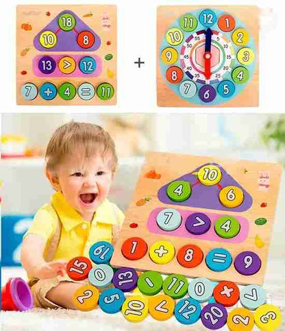 Colorful educational toys with numbers and a child playing with them.