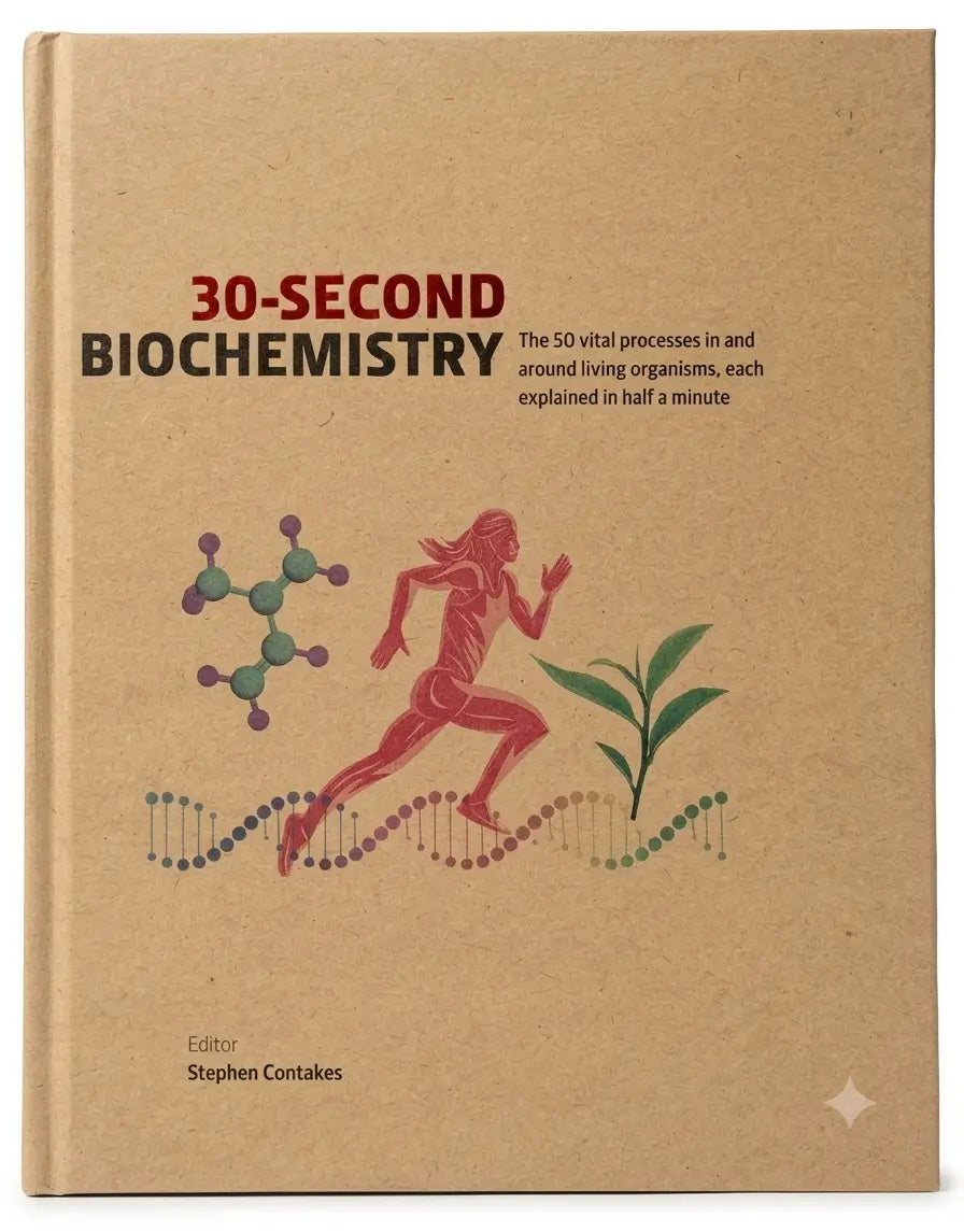Book titled '30-Second Biochemistry' with a brown cover and illustrations of a molecule, person, and plant.