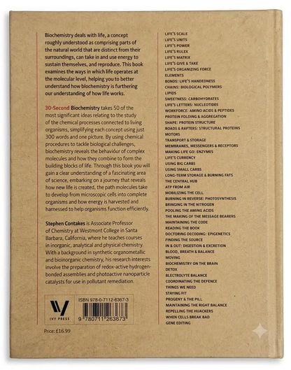 Back cover of a book with text and a logo on a brown background