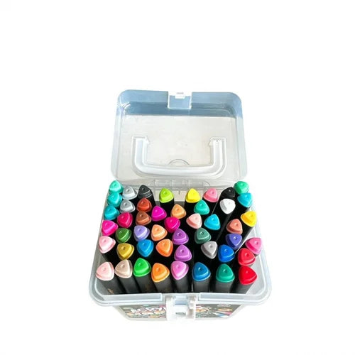 Set of colorful markers in a clear plastic case on a white background