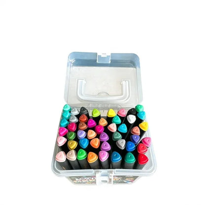 Set of colorful markers in a clear plastic case on a white background
