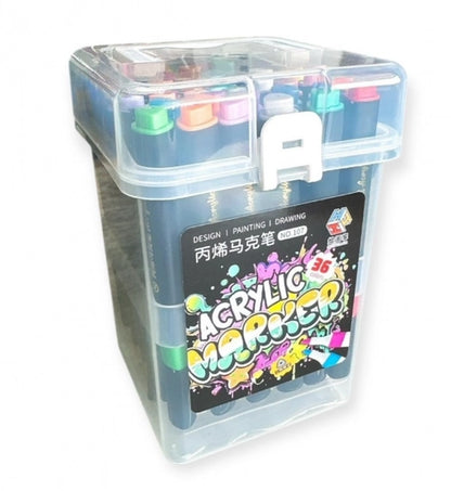 Clear container with acrylic marker pens on a white background