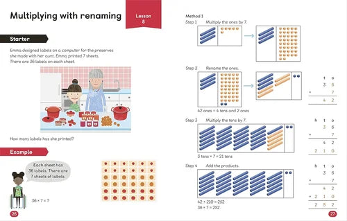 Mathematics lesson on multiplying with renaming using visual aids and text.