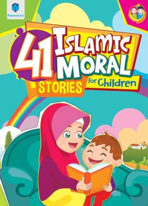 Book cover of '41 Islamic Moral Stories for Children' with a colorful design and two children reading.