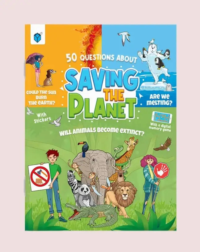 A children's educational activity book cover titled '50 Questions About Saving the Planet' featuring colorful cartoon illustrations of animals, people, and environmental themes on a light pink background.