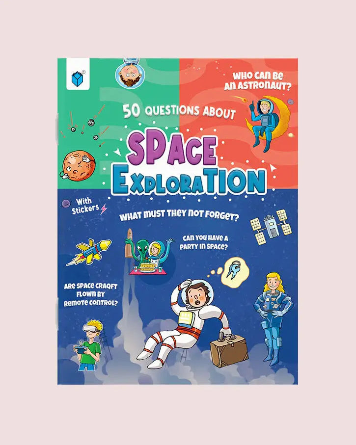 A children's book cover titled 'Space Exploration: 50 Questions About Space' with colorful cartoon illustrations of astronauts, planets, rockets, and space-themed scenes on a light pink background.