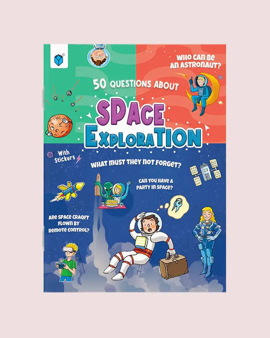 A children's book cover titled 'Space Exploration: 50 Questions About Space' with colorful cartoon illustrations of astronauts, planets, rockets, and space-themed scenes on a light pink background.