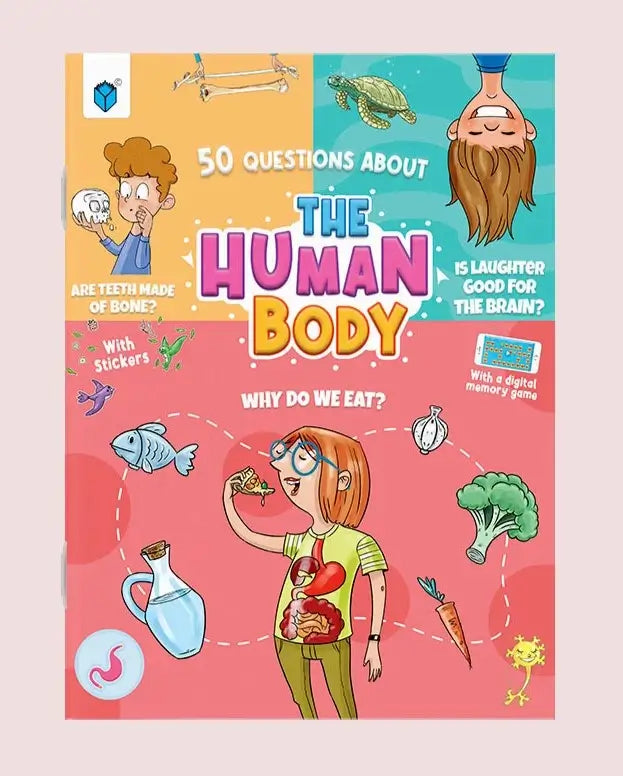 Front cover of a children's educational activity book titled 'The Human Body' with colorful cartoon illustrations and text on a light pink background.