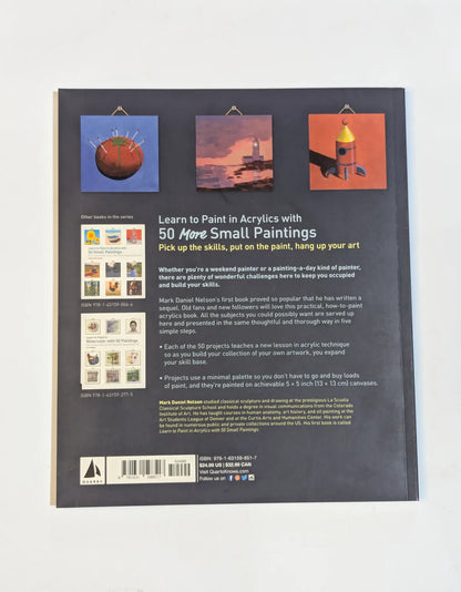 Back cover of a book with text and small painting images on a white background