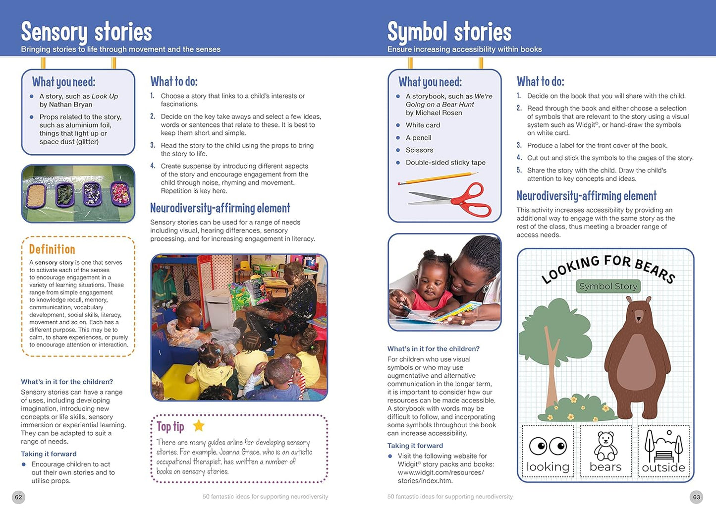 Educational material on sensory and symbol stories with illustrations and text.