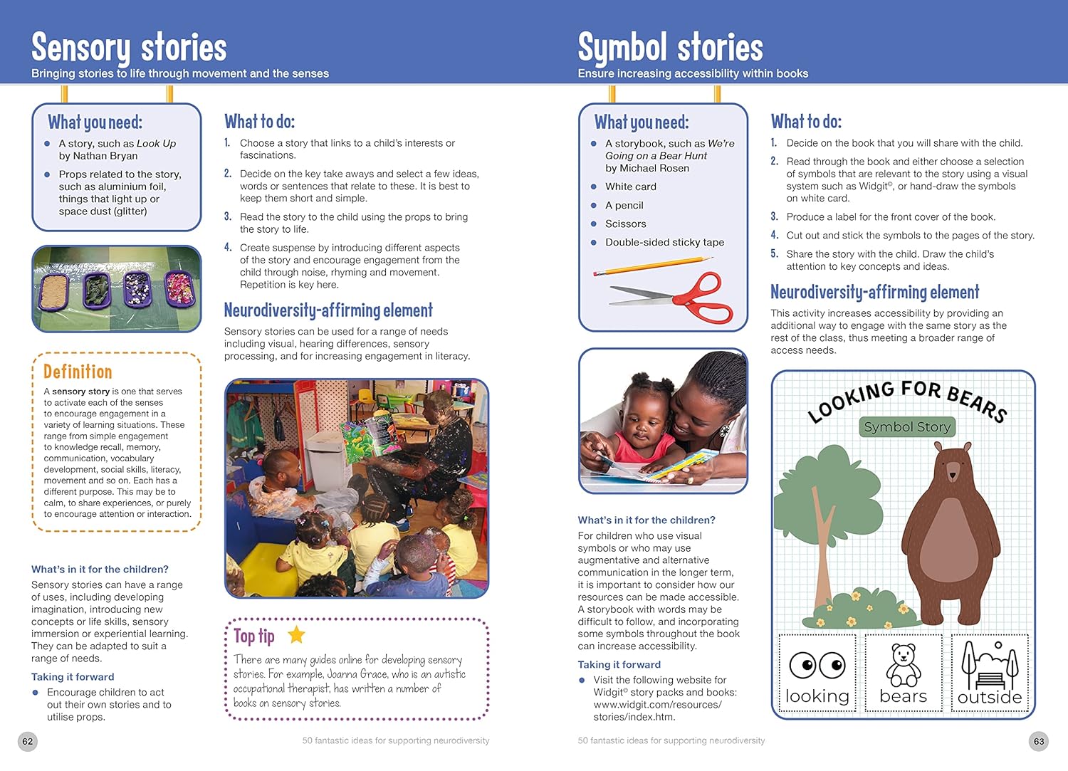Educational material on sensory and symbol stories with illustrations and text.