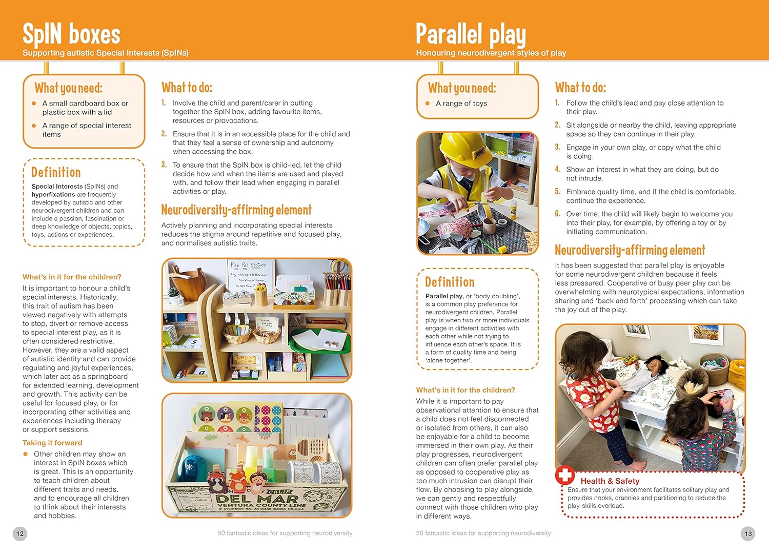 Educational brochure on SpIN boxes and parallel play with images and text.