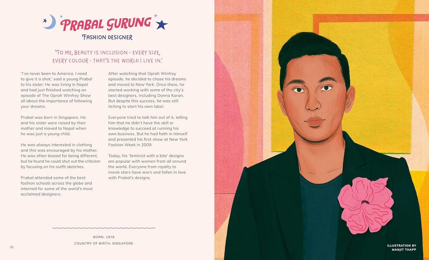 Illustration of a person with a pink flower on a colorful background, featuring Prabal Gurung's name.