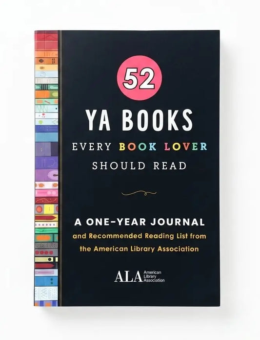 YA Books Every Book Lover Should Read one-year journal by the American Library Association, featuring a black cover with a pink circle containing the number 52, and a colorful spine showing various book spines.