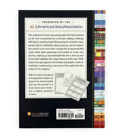 Back cover of a book titled 'The ALA American Library Association Collection' with descriptive text, a small inset reading log, and a colorful striped spine or bookmark strip visible along the right edge.