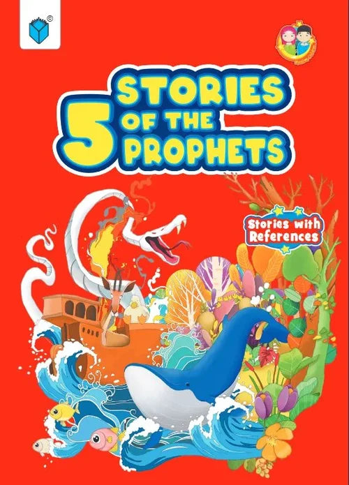 Book cover of '5 Stories of the Prophets' with colorful illustrations on a red background