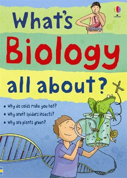 Book cover of 'What's Biology all about?' with illustrations and text.