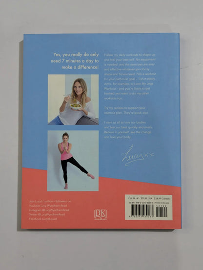 Back cover of a book with images of a woman eating and exercising, and text on a gray background.